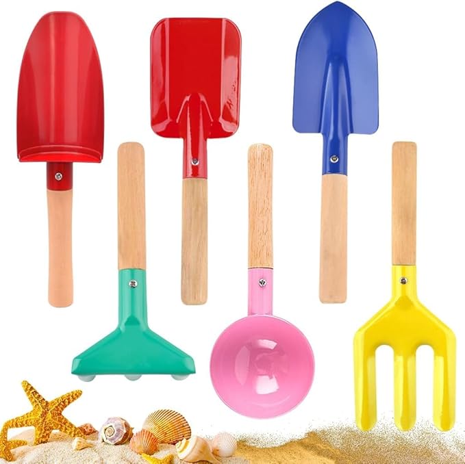 Children Beach Sand Toys, 6 PCS 8'' Wooden Handle Gardening Tools, Kids Gardening Set, Cylinder, Spoon, Fork, Rake, Flat Shovel & Pointed Shovel