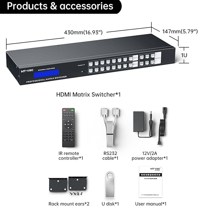 MT-VIKI 4K HDMI Matrix Switch 8X8 w/Web GUI & 3.5mm Stereo Audio Extraction