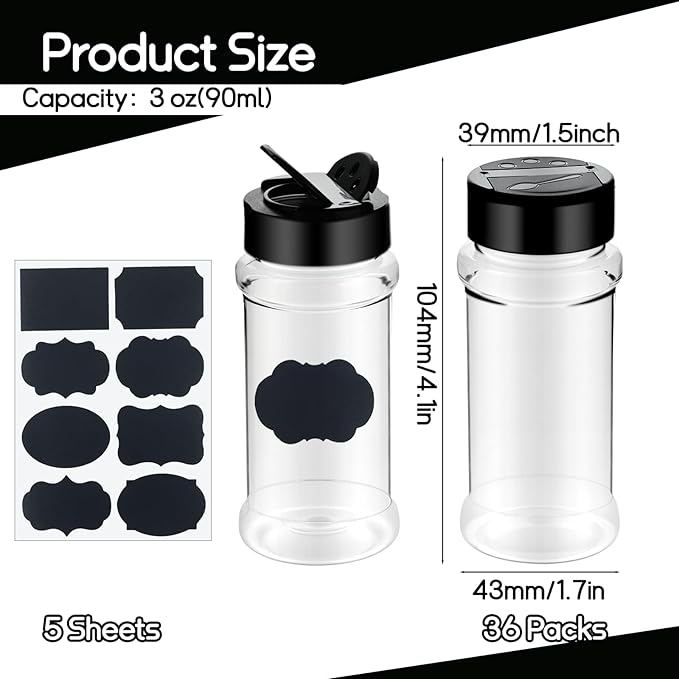 Ysglory 36 Pack 3 Oz Plastic Spice Jars Bottles Empty Seasoning Bottles