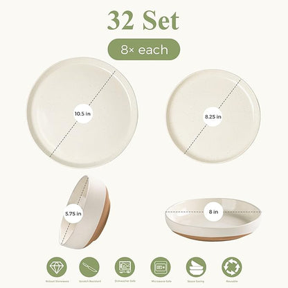 AmorArc Ceramic Dinnerware Sets with Pasta Bowls for 8, Handpainted Plates and Bowls Set with Rustic Terracotta Underside, Scratch Resistant Dishes Set, Dishwasher & Microwave Safe, 32 Pcs