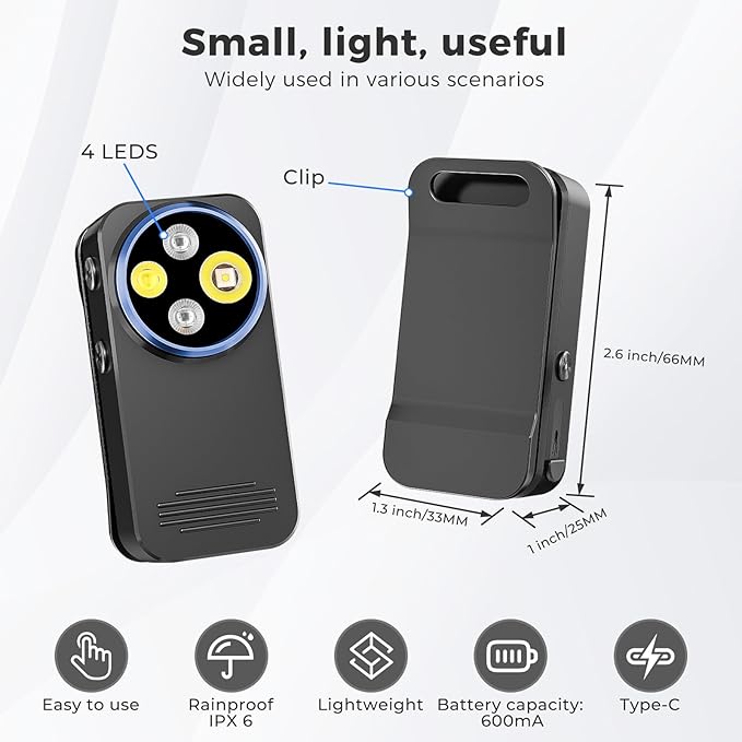 Rechargeable EDC Flashlight, 600 Lumens Dual LED Sources Mini Clip-on Light with Red & Blue Light, Portable Flat Pocket Flashlights, Magnetic Flashlight for Outdoor Home Emergencies
