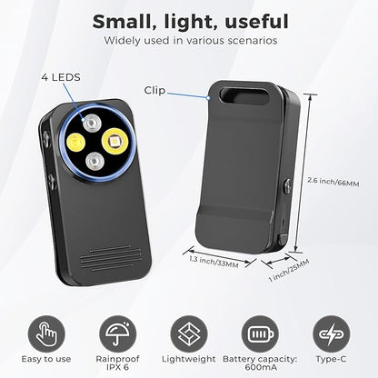 Rechargeable EDC Flashlight, 600 Lumens Dual LED Sources Mini Clip-on Light with Red & Blue Light, Portable Flat Pocket Flashlights, Magnetic Flashlight for Outdoor Home Emergencies