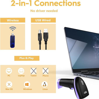 NADAMOO Wireless Barcode Scanner 328 Feet Transmission Distance USB Cordless 1D