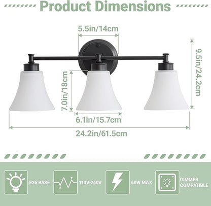 LOUSACE 3 Light Bathroom Vanity Light Matte Black Bathroom Lighting Fixtures