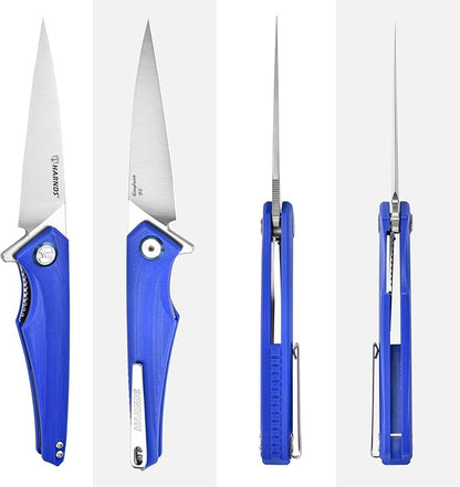 Qingluan Folding Knife with Pocket Clip, D2 Steel Blade 3.54'' and G10 Handle Outdoor Adventure knife EDC Camping Knife (Blue)