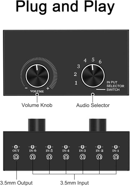 6-Way Audio Switcher, 3.5mm Stereo Audio Switcher, Plug & Play Compatible