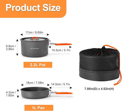 Odoland Camping Cookware Mess Kit, Non-Stick Lightweight Camping Pot and Fry Pan Set with Mesh Bag for Backpacking, Outdoor Cooking and Picnic