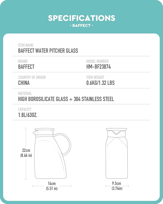 Baffect Water Pitcher, High Borosilicate Glass Jug