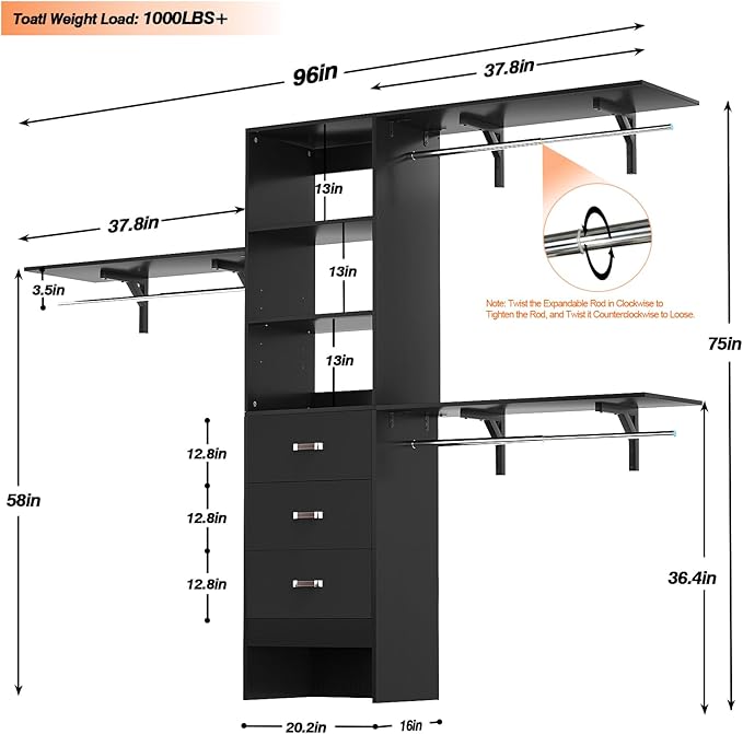 Armocity 96 Inches Closet System, 8FT Walk In Closet Organizer