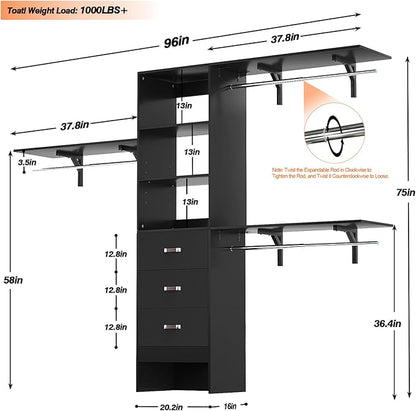 Armocity 96 Inches Closet System, 8FT Walk In Closet Organizer