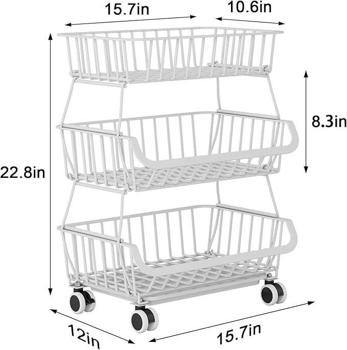 3-Tier Rolling Pantry Floor Organizer, Stackable Pantry Storage Cart with Wheels, Metal Wire Snack Baskets, Kitchen Fruit Basket Stand, Vegetable Storage Rack for Fruits Onions Potatoes Snacks, White
