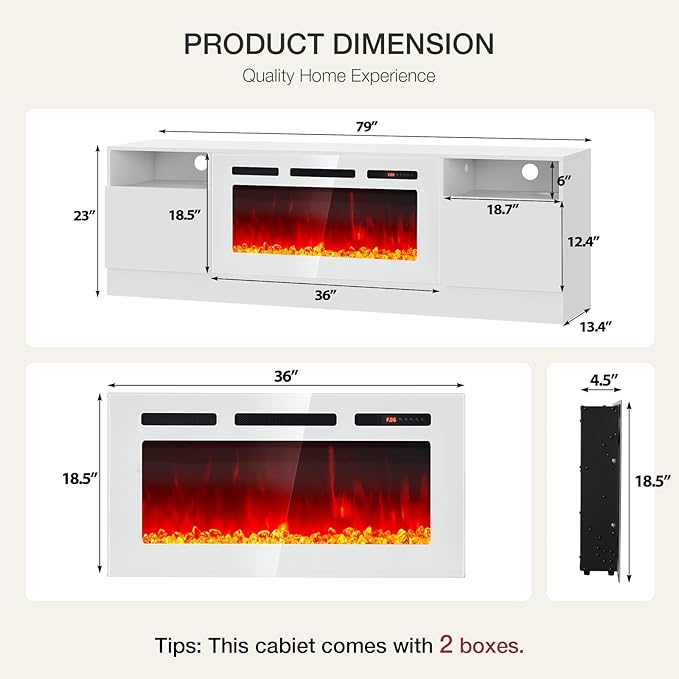 YISUFO 80” TV Stand with 36” Electric Fireplace, Large Modern Media