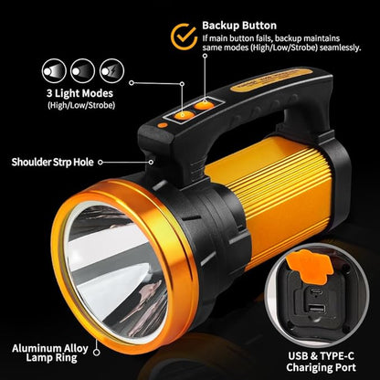 1800LM Rechargeable Spotlight 13600mAh Spotlight Flashlight 80H Long Lasting IP67 Waterproof 3 Modes Spot Light for Outdoor Camping Home Emergency