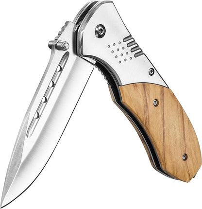 Folding Pocket Knife - 3.46" Sharp Blade Olive Wood Handle Pocket Knives with Clip, Glass Breaker - EDC Knife for Dad Women Tactical Hunting Survival Camping Fishing Hiking - Sliver