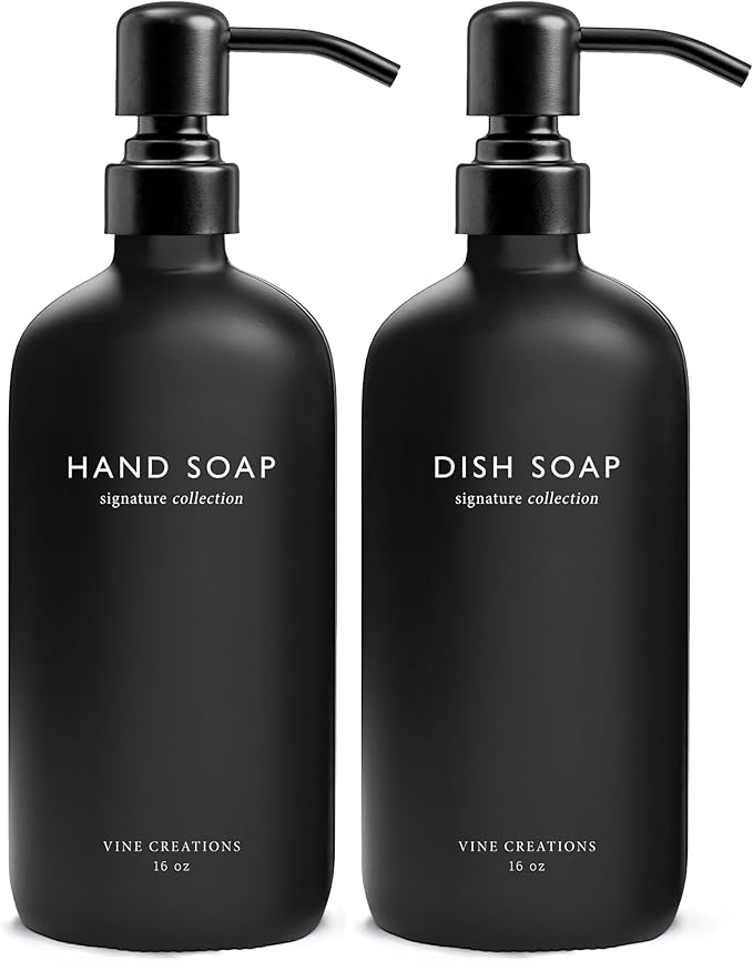 Vine Creations Black Glass Soap Dispenser Set, Dish Soap and Hand Soap