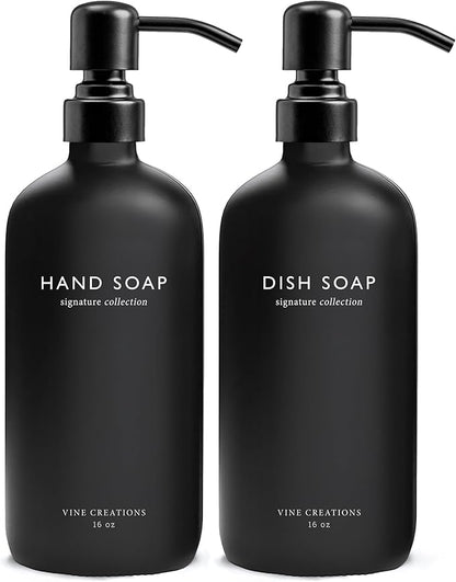 Vine Creations Black Glass Soap Dispenser Set, Dish Soap and Hand Soap