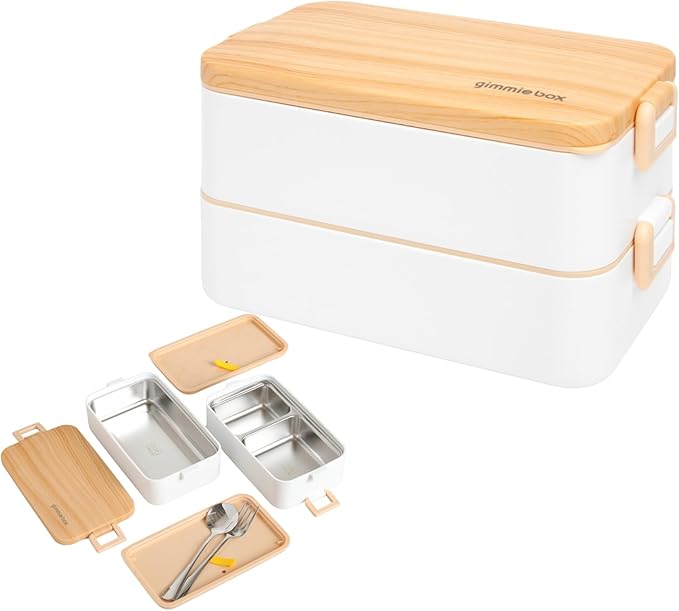 gimmiebox premium stainless steel bento box lunch box with compartments for adults, spoon and fork, leak-proof, easy side locks (White)