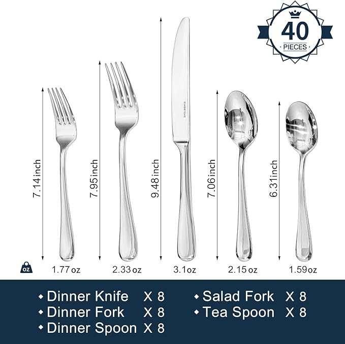 KINGSTONE 40 Pieces Silverware Set for 8, Premium Stainless Steel Flatware Set, Heavy Duty and Modern Design Cutlery Set, Mirror Polished, Dishwasher Safe