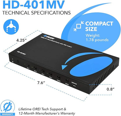 Quad Multi Viewer 4 in 1 Out by OREI HDMI Switcher 4 Ports Seamless Switcher
