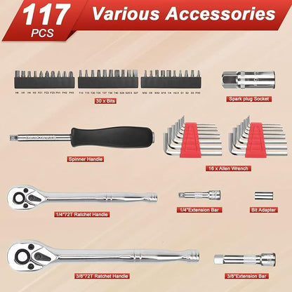 117 Pieces 1/4 and 3/8 inch Drive Socket Ratchet Wrench Set, Metric/SAE Size