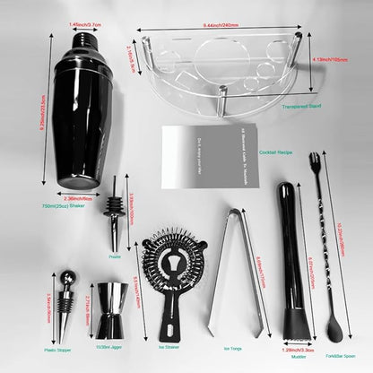 Cocktail Shaker Set with Stand, Cocktail Shaker Bartender Kit: Bar Tool Set, Drink Mixing Includes Martini Shaker,Strainer,Jigger,Bar Mixer Spoon,Muddler, Pourer, Bottle Stopper (Black)