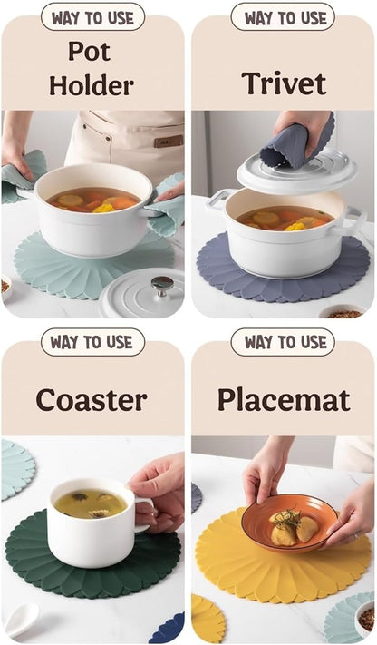 Heat-Resistant Silicone Trivet Mats, Non-Slip Hot Plate Holder for Kitchen Countertops & Dining Table, Reusable Pot Holder Pad with Secure Grip, Dishwasher Safe (Grey, Diameter: 18cm/7.09")