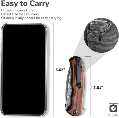 CIVIVI Folding Pocket Knife for EDC, Small Mini Praxis Knife for Men Women, 2.98" Damascus Blade Guibourtia Wood Handle, Sharp Camping Hiking Knives C18026C-DS1