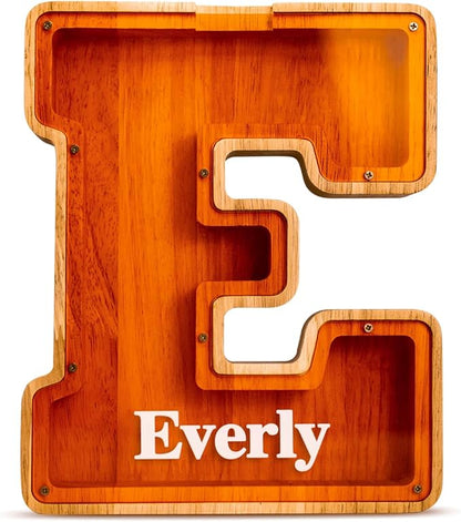 Summidate Customized Name Large Wooden Piggy Bank for Kids Boys Girls Alphabets Letter A-Z Coins Bills Money Change Bank Box Initial on Clear Cover (Laser Engraved) Educational Toys 9"- Letter C