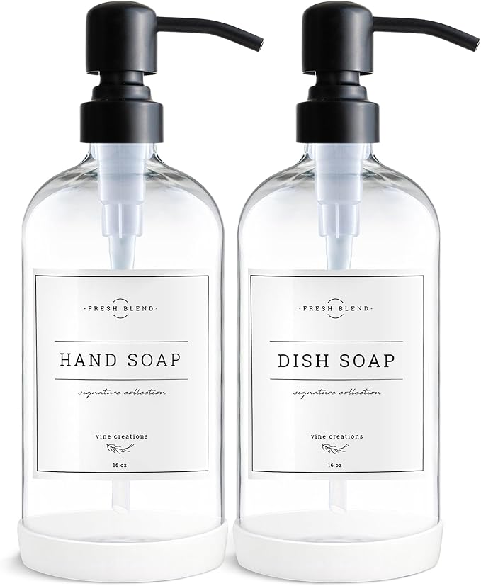Vine Creations Clear Glass Soap Dispenser, 2 Pack Kitchen Soap Dispenser Set