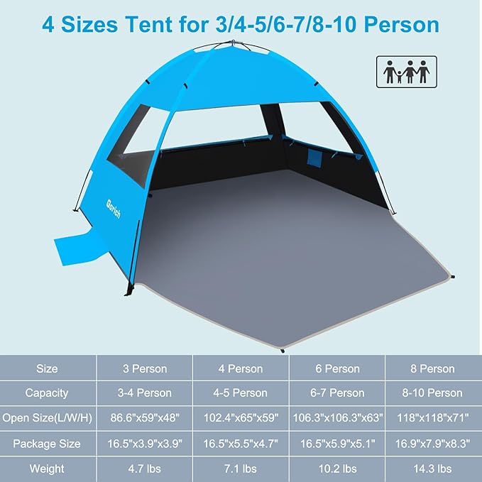 Gorich Beach Tent Sun Shelter for 3/4-5/6-7/8-10 Person with UPF 50ï¼?UV Protection, Lightweight & Easy Setup Beach Shade Canopy, Portable Beach Shade Tent Beach Cabana