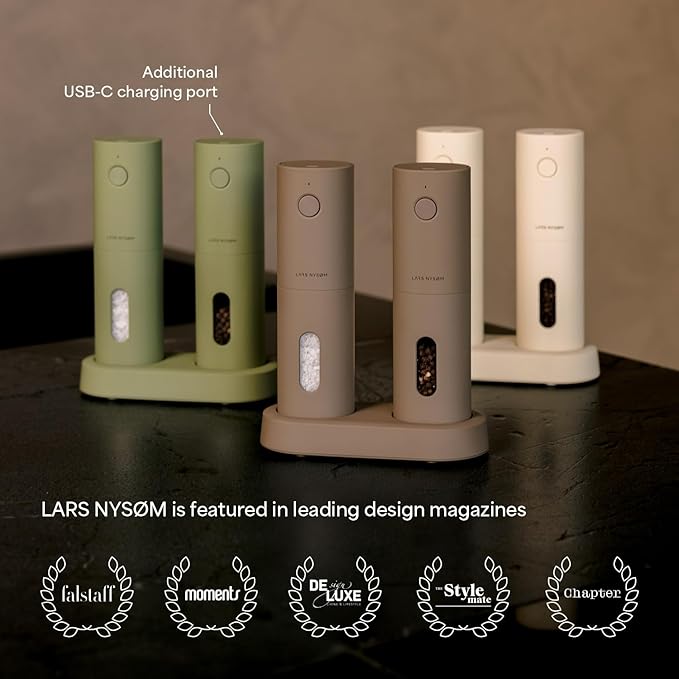 LARS NYSØM Electric Salt and Pepper Grinder Set, USB Rechargeable, Automatic