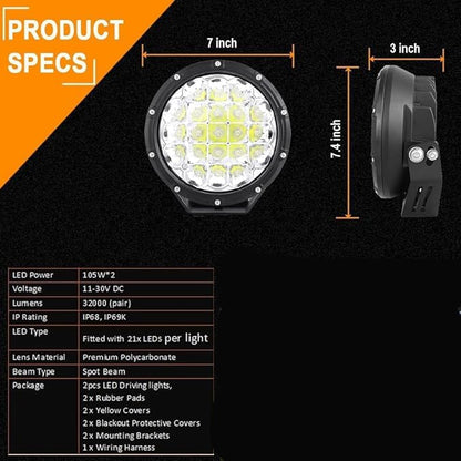 BIGLIONX Round LED Offroad Lights 7inch 2pcs 210W 32000LM LED Off Road Light Super Bright Amber Offroad Lights Driving Light Spot Light Bar with Wiring Harness IP68 for Trucks Pickup ATV UTV SUV