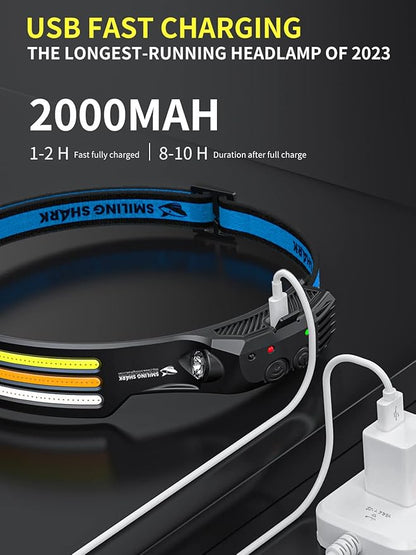 Smiling Shark LED Headlamps, 230°Wide Angle 3*Multi-Color Light Strips 2 Packs Head Lamp Rechargeable with Motion Sensor Waterproof Headlight for Camping Hiking Outdoor, Head-Lamp-LED-Hat-Light