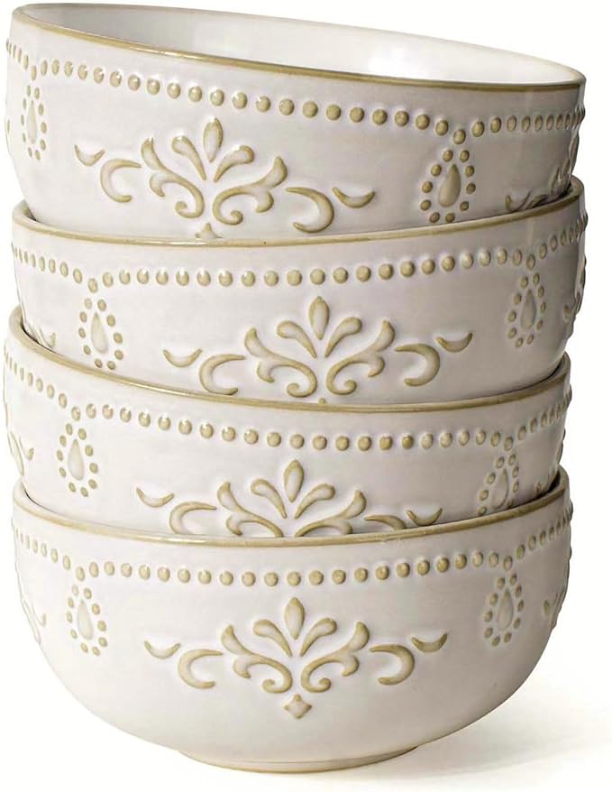 Artena Soup Bowls 32 OZ, Cereal Bowls Set of 4, Embossment Ceramic Ramen Bowls, 6.3 Inch White Salad Bowls, Large Dinner Bowls for Pho, Noodle, Pasta, Snacks, Dishwasher Microwave Safe, Damask Floral