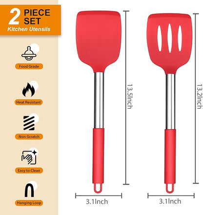 Silicone Spatula Set of 2, E-far Solid & Slotted Turner