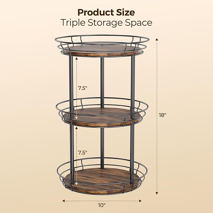 LAMU 10'' Lazy Susan Turntable Organizer, 3 Tier Round Rotating Spice Rack