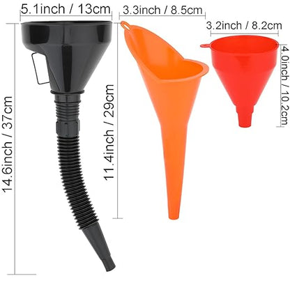 3 Pack Automotive Oil Funnel Set, Wide Mouth Fuel Funnels