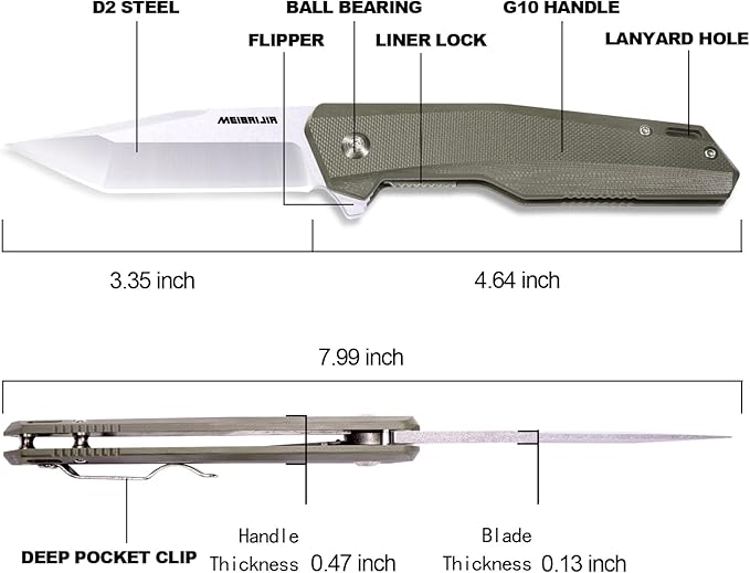 Pocket Knife D2 Blade Folding Knife with G10 Handle, Smooth Flipping Action EDC Knife with Ball Bearing for Hiking Camping Outdoor, Gifts for Men