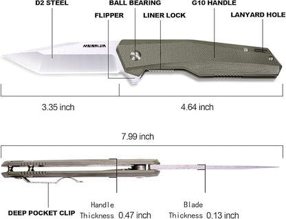 Pocket Knife D2 Blade Folding Knife with G10 Handle, Smooth Flipping Action EDC Knife with Ball Bearing for Hiking Camping Outdoor, Gifts for Men