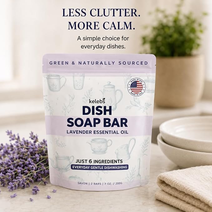 KELEBS 2 Dish Soap Bars | Lavender Essential Oil Formula | Natural & Organic Ingredients | Gentle on Hands | For Plant-Based Kitchens & Light Dishwashing | Biodegradable | No Overpour | Value Pack