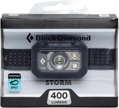 BLACK DIAMOND Storm 400 LED Headlamp, Waterproof and Dimmable Battery Powered Headlamp for Camping, Hiking, Hunting, Fishing, Work with Red Light Headlamp Mode, Graphite