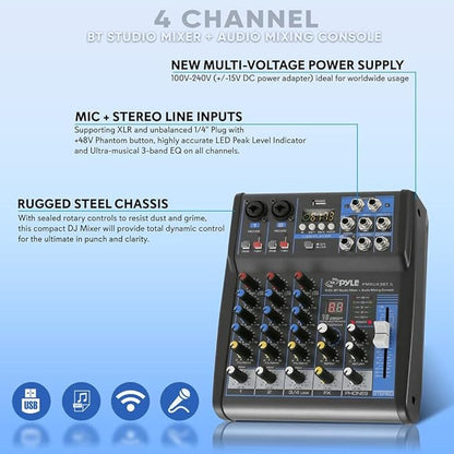 Pyle Professional Audio Mixer Sound Board Console System- Interface 4 Channel