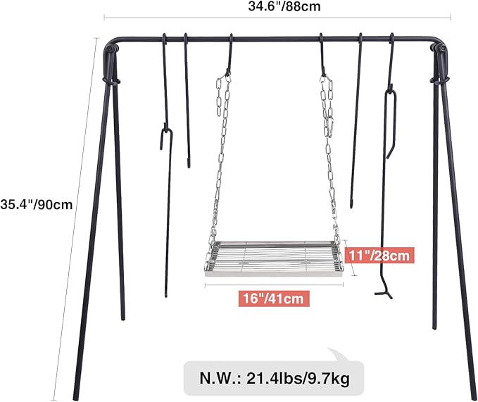 REDCAMP Swing Campfire Grill Stand - Collapsible Campfire Cooking Rack with 6 Hooks & Stainless Steel Grill Grate, Portable Dutch Oven Hanger for Outdoor Camping, Cookware, Bonfire, Rectangle ﻿