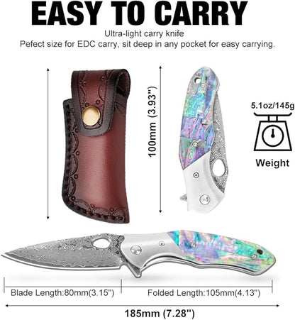 Cottonbell Damascus Pocket Knife Folding Knife for Men Women Unique Rainbow Abalone Shell Handle, with Sharp VG10 Core Damascus Steel Knife for Outdoor Camping Fishing Hiking Hunting Gift
