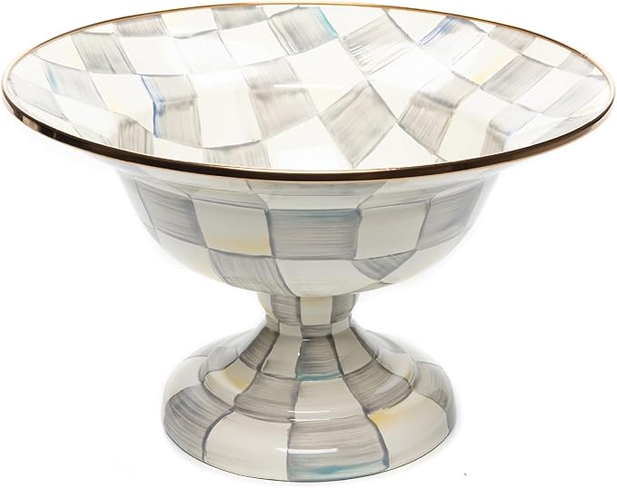 MACKENZIE-CHILDS Enamel Compote, Cute Enamel Pedestal Serving Dish or Decorative Bowl, Large, Gray-and-White Sterling Check