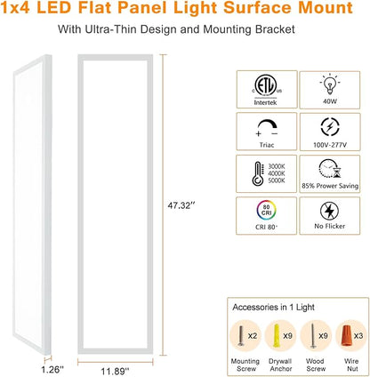Mcacggo 1x4 LED Flat Panel Light Flush Mount 4-Pack, 3000K/4000K/5000K