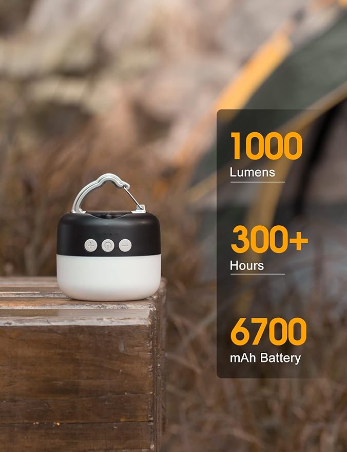 LED Camping Lantern Rechargeable 1000LM, Up to 300H Running Time Camping Tent Light, 6700mAh Emergency Hanging Light for Hurricane, Power Outages, Home, Hiking, Water-Resistant, Black