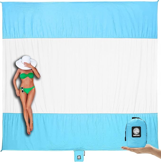 WEKAPO Beach Blanket Sandproof Waterproof, Extra Large Beach Mat, Oversized & Compact Sand Free Mat Quick Drying, Lightweight & Durable with Stakes & Corner Pockets