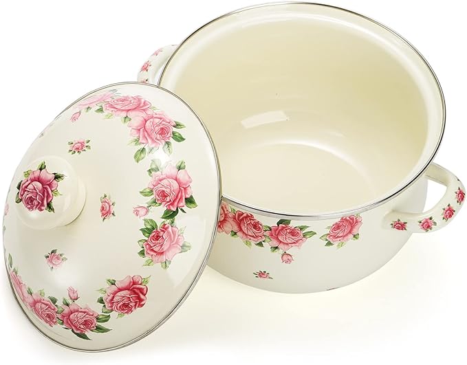 SOUJOY Enamel Stockpot with Lid, 2.8 Quart Retro Cooking Pot, Vintage Floral
