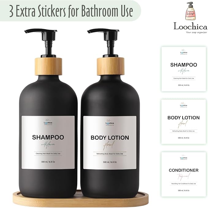 LOOCHICA 2 Pack Black Glass Soap Dispenser Set